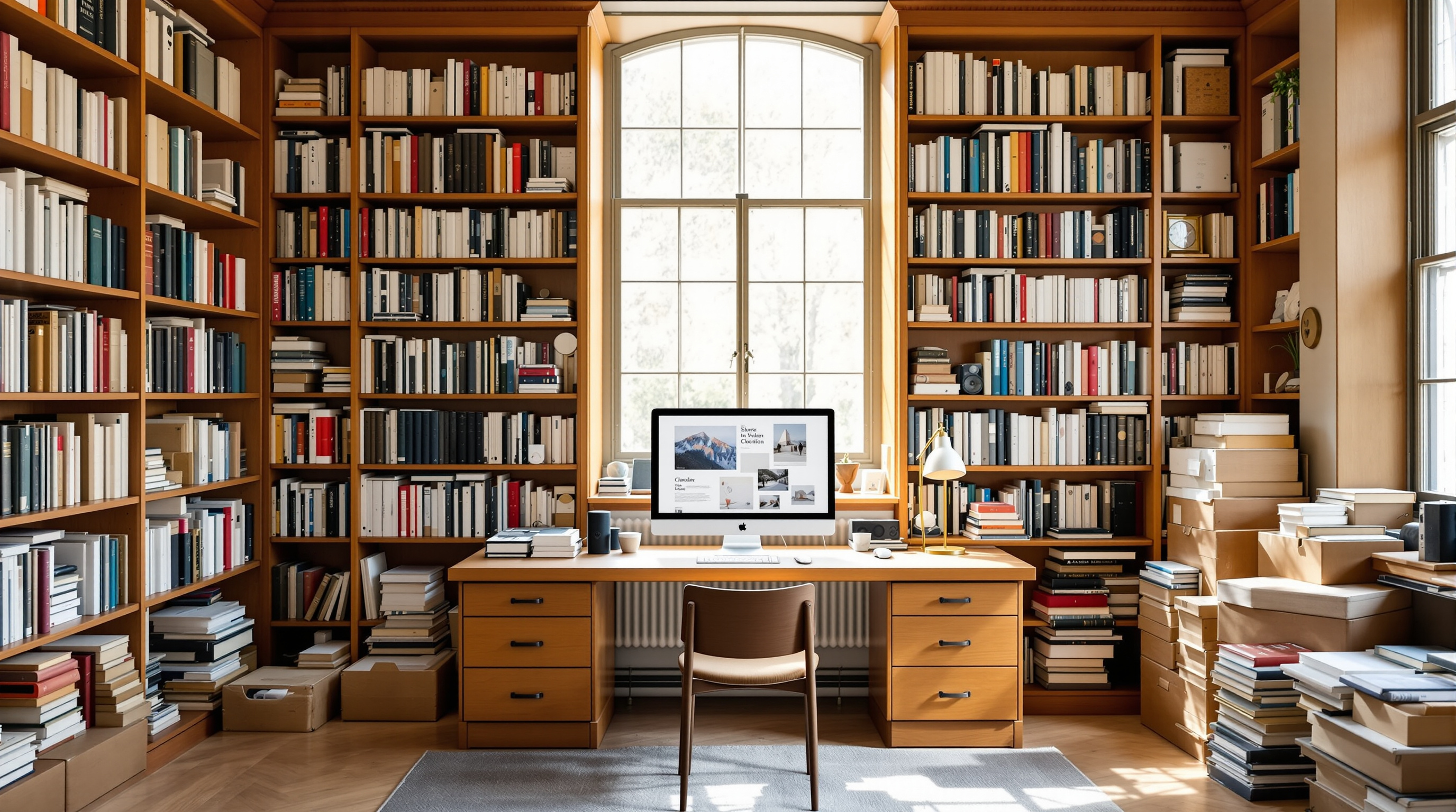 A bright independent publisher's office with reference bookshelves and a desktop computer