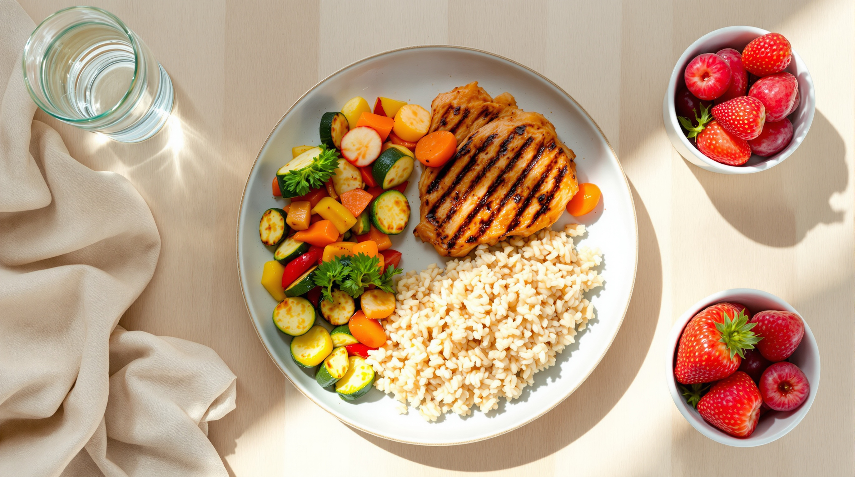 A balanced plate of vegetables, brown rice and grilled chicken with water and fruit