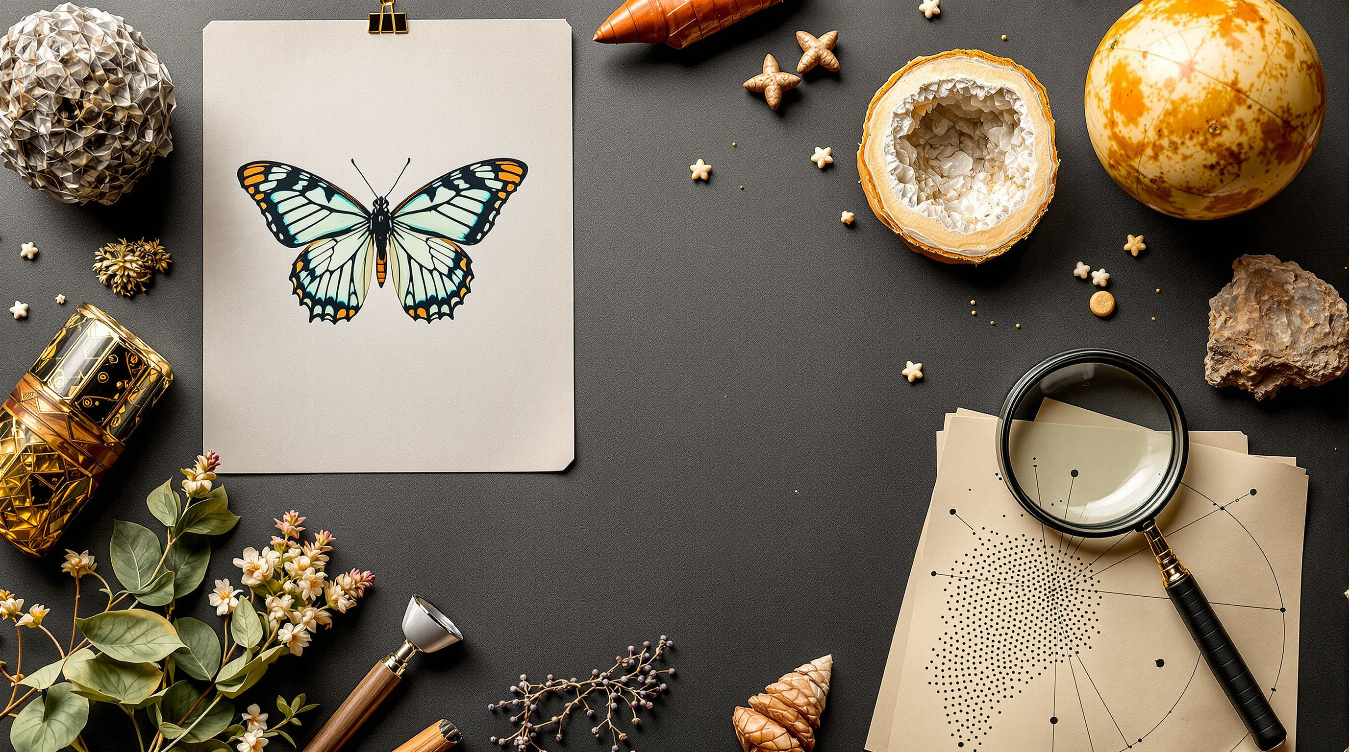 A natural-science flat-lay with a butterfly illustration, geode, globe and magnifying glass