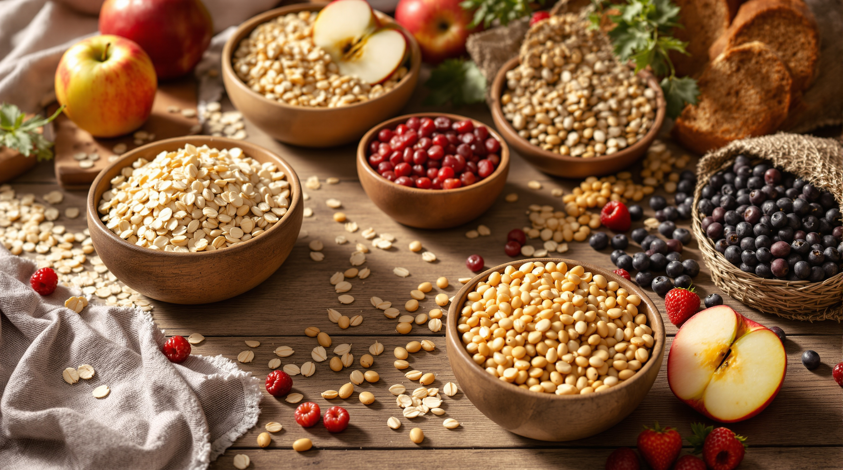 Bowls of oats, lentils, beans, whole-grain bread and fruit, high-fiber foods