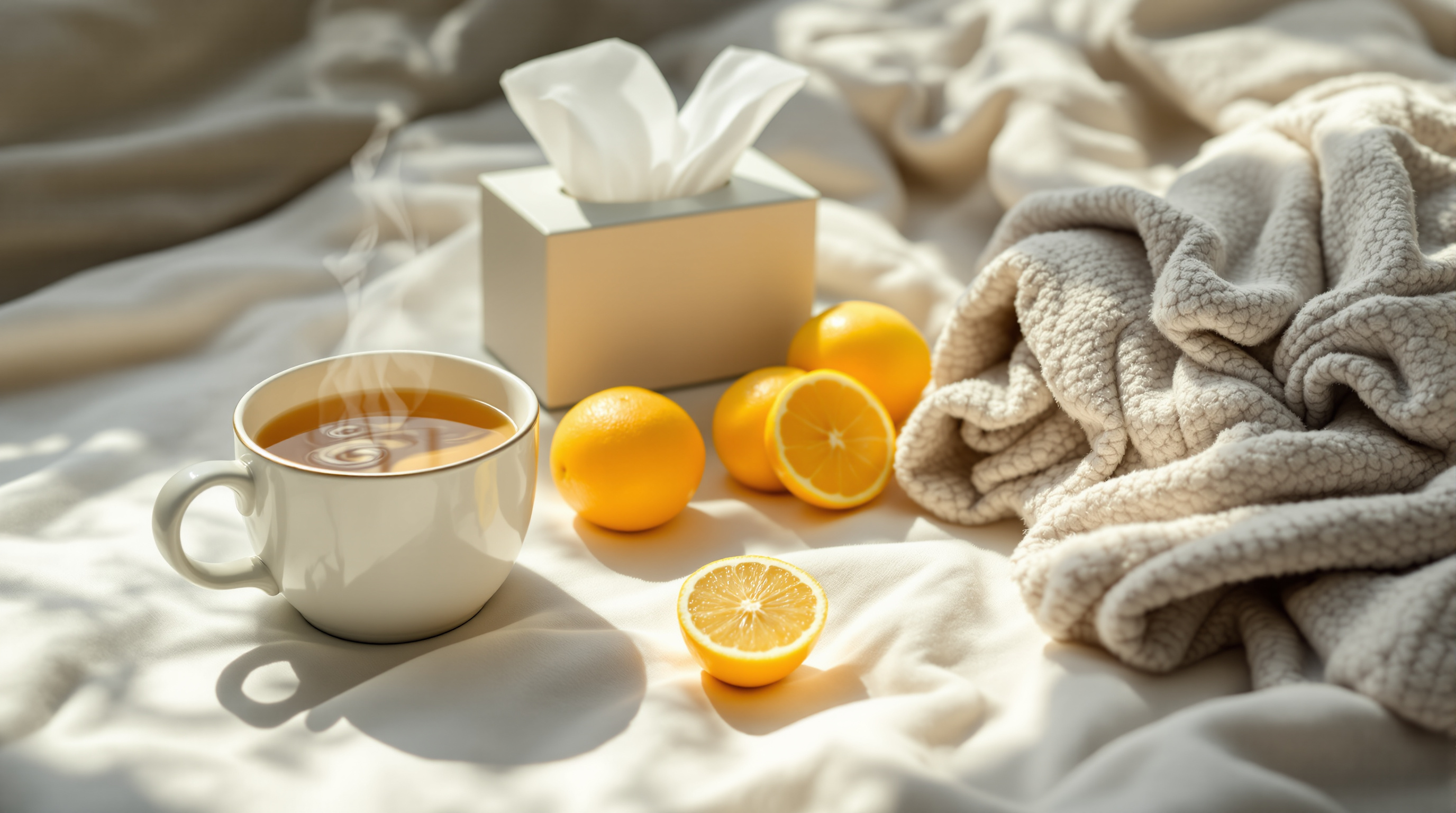 A mug of tea with lemon and honey, a blanket and citrus on a bedside table, evoking flu recovery