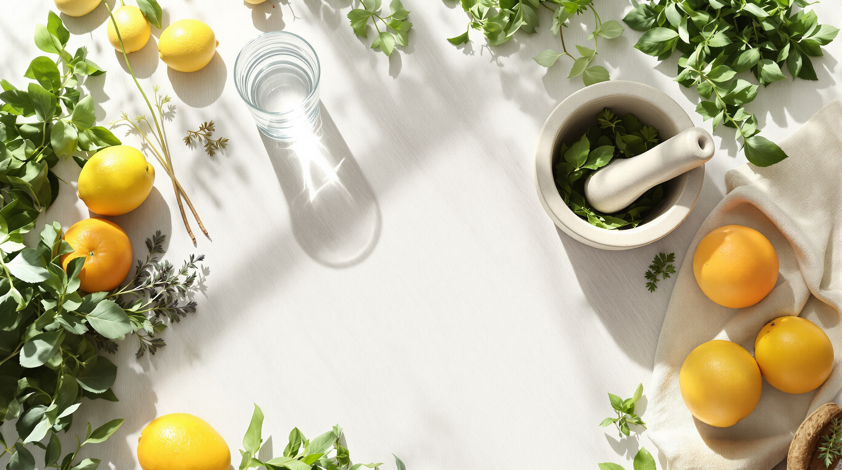 Fresh herbs, greens and citrus with a mortar and pestle, representing natural health and nutrition