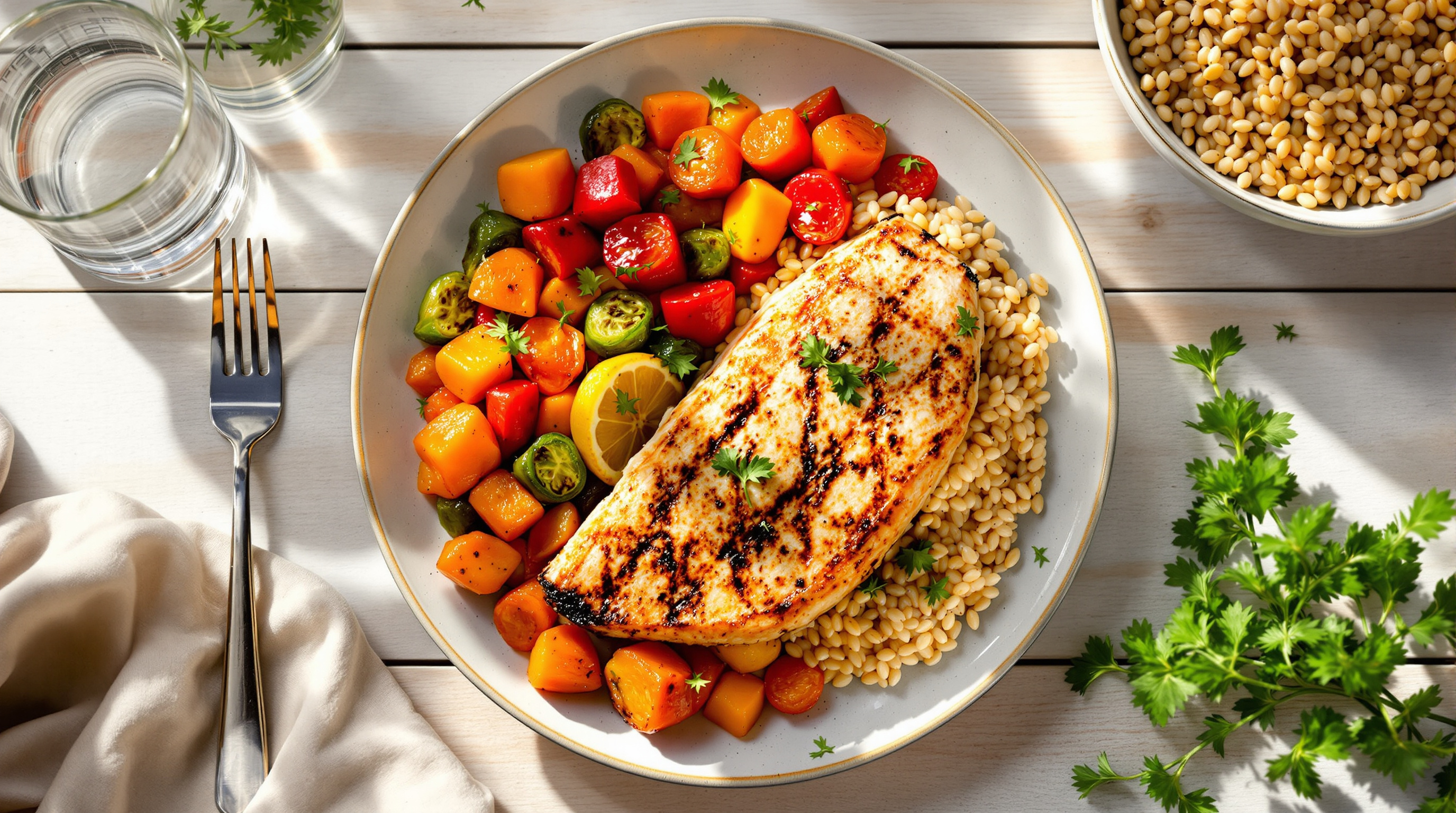 A plate of grilled fish, roasted vegetables and whole grains, a heart-healthy meal