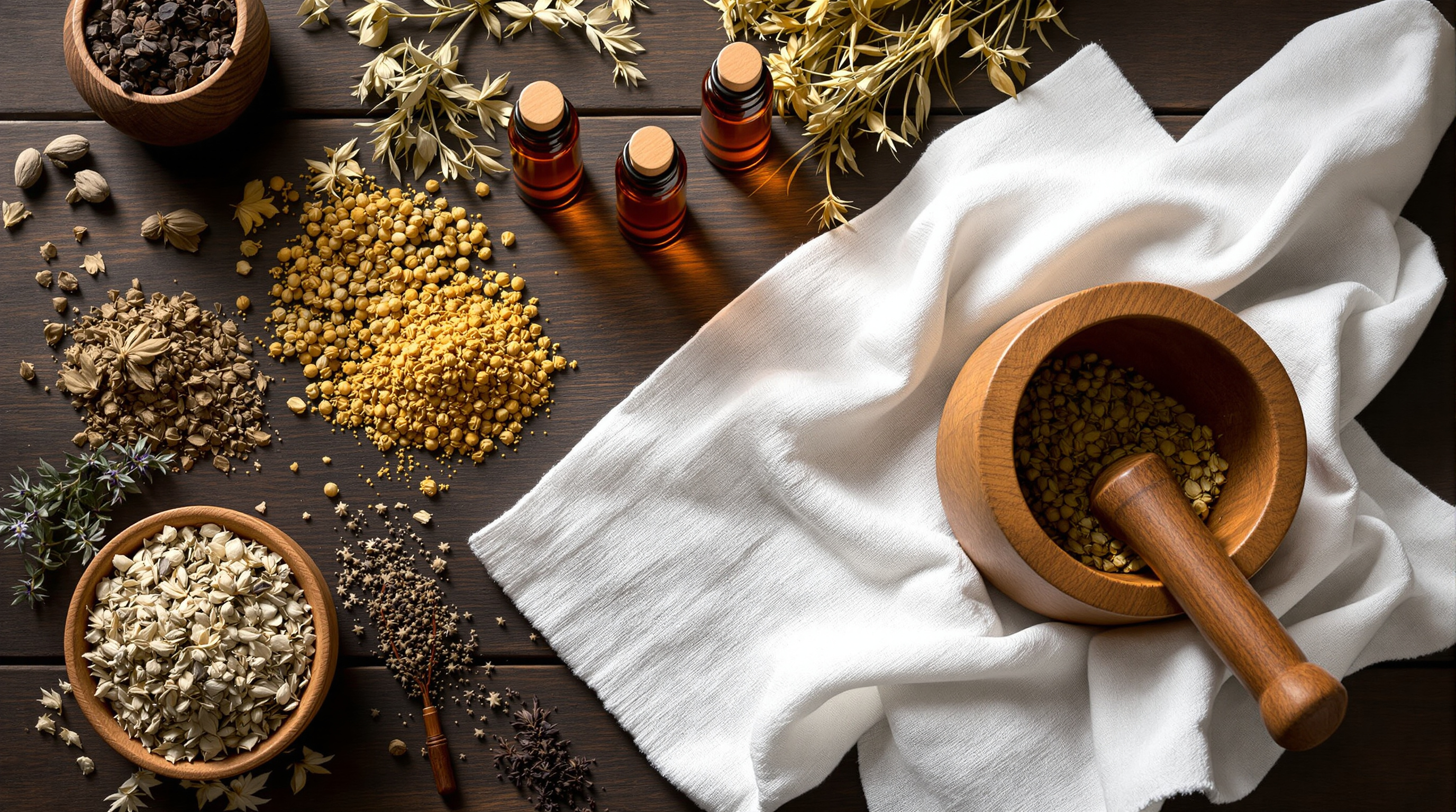 Dried botanicals with a mortar and pestle and amber bottles, evoking herbal preparation