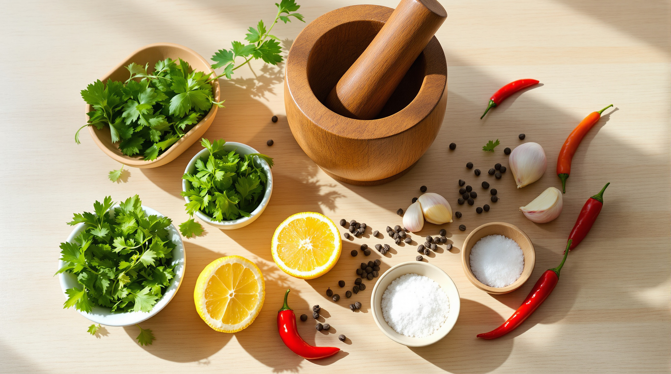 Fresh herbs, garlic, lemon and peppercorns around a mortar, representing flavoring food without salt